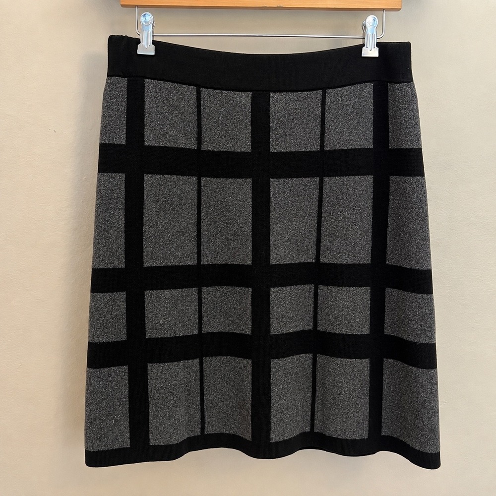 Loft Outlet Gray Black Windowpane Plaid Cotton Knit Skirt Size L Large